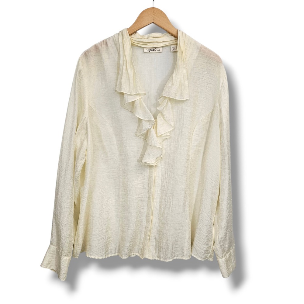 Coldwater Creek Blouse 2X Womens Cream‎ Ruffle Neck Peplum Back Top Cottage Chic